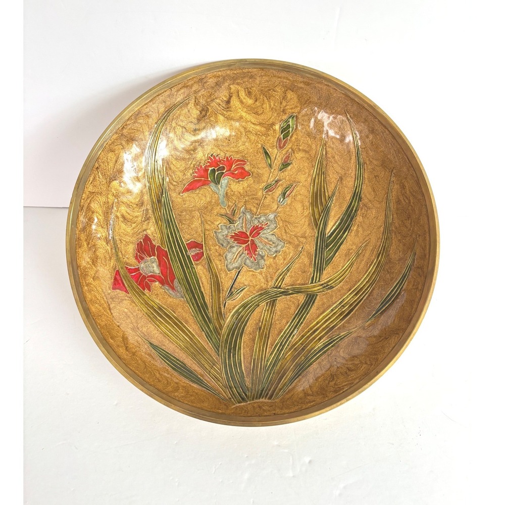 Vintage Brass and Enamel Footed Centerpiece Bowl - Floral Motif 9.75" India